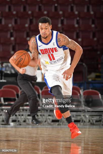 McDaniels of the Grand Rapids Drive dribbles the ball against the Santa Cruz Warriors during the NBA G-League Showcase on January 10, 2018 at the...
