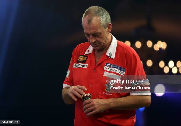 Wayne Warren of Wales looks on during Day Four of the BDO World Darts Championship at Lakeside Shopping Centre on January 10, 2018 in Thurrock,...