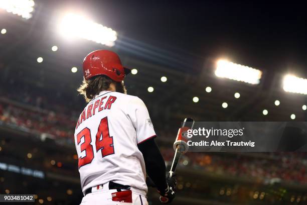 Bryce Harper of the Washington Nationals stands in the on-deck circle during Game 5 of the National League Division Series against the Chicago Cubs...