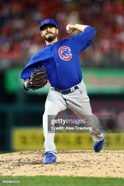 Brian Duensing of the Chicago Cubs pitches during Game 5 of the National League Division Series against the Washington Nationals at Nationals Park on...