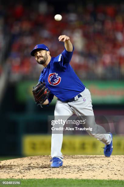 Brian Duensing of the Chicago Cubs pitches during Game 5 of the National League Division Series against the Washington Nationals at Nationals Park on...