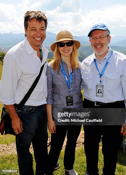 Actress Laura Linney and husband Marc Schauer and Leonard Maltin attend the Patron's Brunch during the 36th Telluride Film Festival held at the Opera...