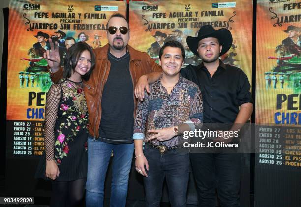 Recording artists Angela Aguilar, Pepe Aguilar, Christian Nodal, Leonardo Aguilar pose during a press conference for the upcoming Tour 'Pepe Aguilar...