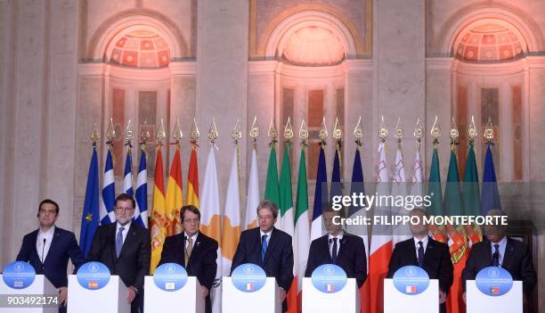 Greece's Prime Minister Alexis Tsipras, Spain's Prime Minister Mariano Rajoy, Cyprus' President Nicos Anastasiadis, Italy's Prime Minister Paolo...