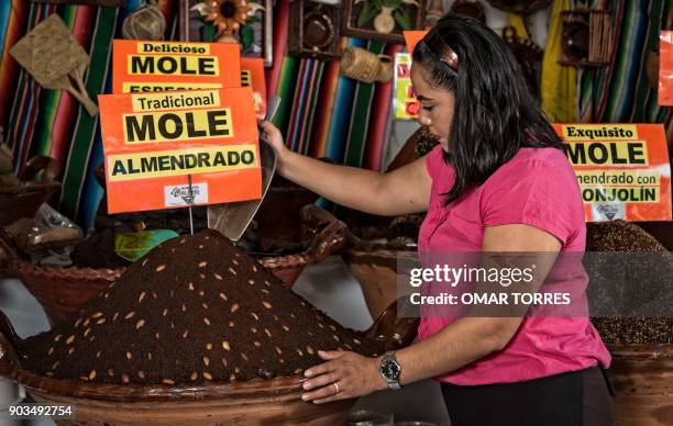 Aide Espinoza Gonzalez arranges the display at her mole stall at the Mole Fair in San Pedro Atocpan, Milpa Alta borough near Mexico City's inner...