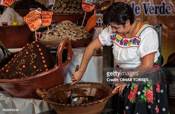Yazmin Zuniga Caballero stirs mole at her stall at the Mole Fair in San Pedro Atocpan, Milpa Alta borough near Mexico City's inner limits on October...