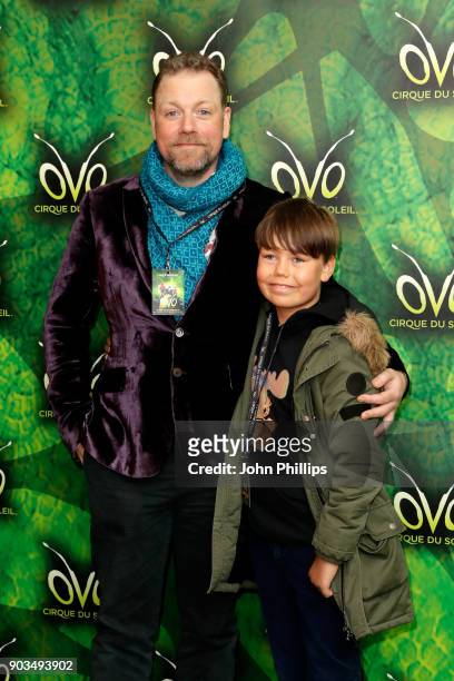 Rufus Hound and guest attend the Cirque du Soleil OVO premiere at Royal Albert Hall on January 10, 2018 in London, England.