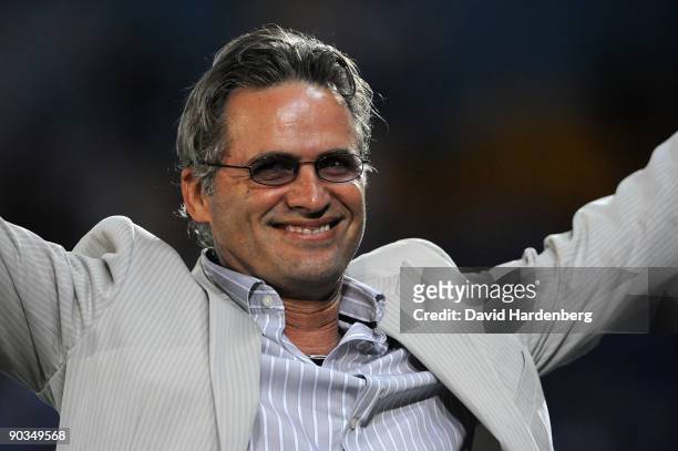 Coach Miron Bleiberg of the Gold Coast celebrates a win during the round five A-League match between Gold Coast United and Sydney FC at Skilled Park...