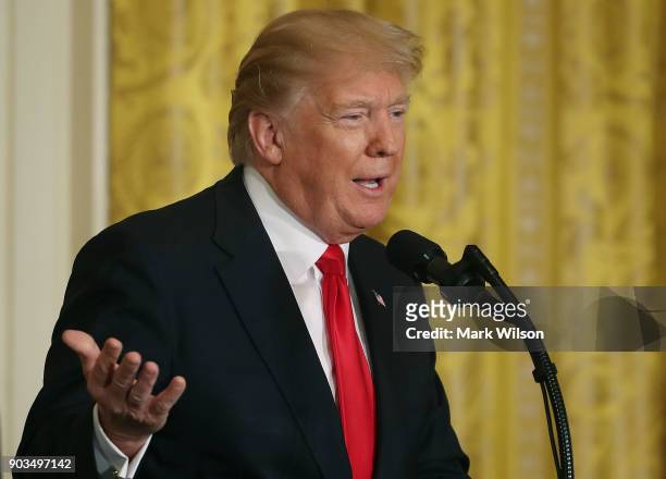 President Donald Trump speaks during news conference with Prime Minister Erna Solberg of Norway in the East Room at the White House, on January 10,...