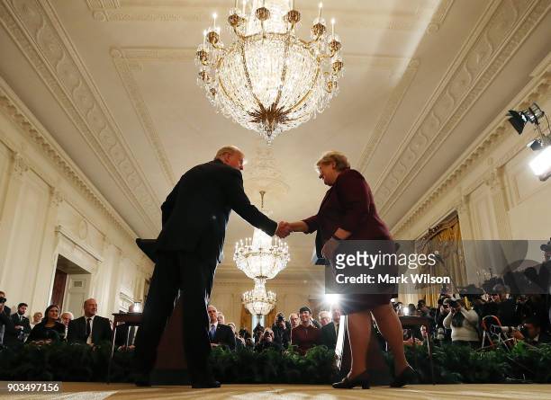 President Donald Trump shakes hands with Prime Minister Erna Solberg of Norway during a news conference at the White House, on January 10, 2018 in...