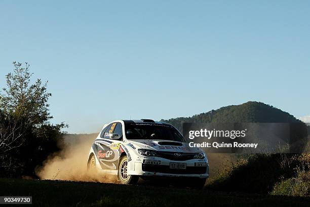 Cody Crocker of Australia and Ben Atkinson of Australia compete in their Subaru Impreza WRX STI during the Repco Rally of Australia Special Stage 23...