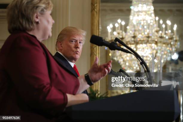 Prime Minister Erna Solberg of Norway and U.S. President Donald Trump conduct a news conference in the East Room of the White House January 10, 2018...