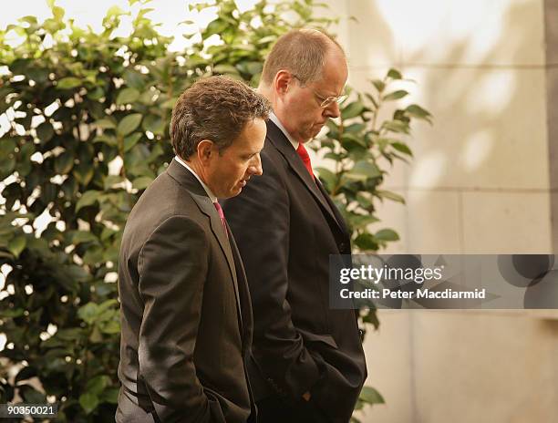 Treasury Secretary Timothy Geithner talks with German Finance Minister Peer Steinbruck during the G20 meeting at the Treasury on September 5, 2009 in...