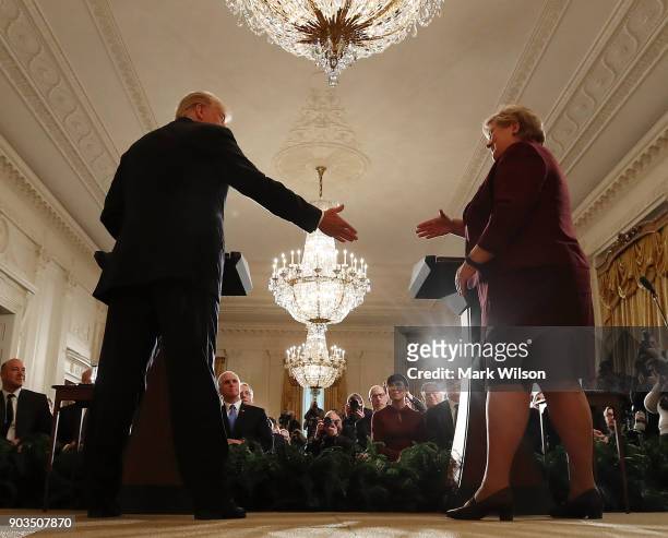 President Donald Trump shakes hands with Prime Minister Erna Solberg of Norway during a news conference at the White House, on January 10, 2018 in...