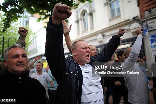 Members of the English Defence League shout towards Police and anti-right wing protesters during a rally on September 5, 2009 in Birmingham, England....