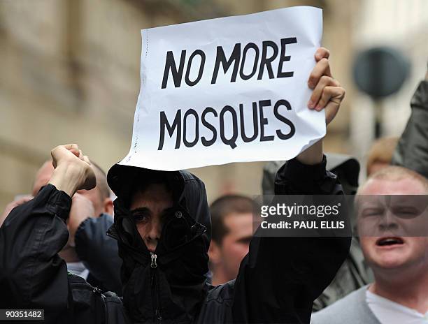 Protestor from the English Defence League takes part in a demonstration against Islamic extremism in Birmingham, central England, on September 5,...