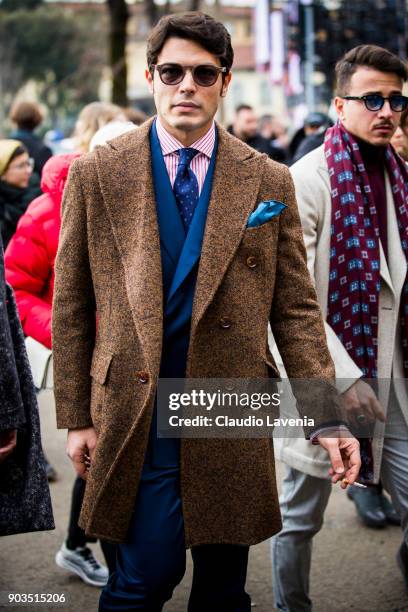 Guest, is seen during the 93. Pitti Immagine Uomo at Fortezza Da Basso on January 10, 2018 in Florence, Italy.