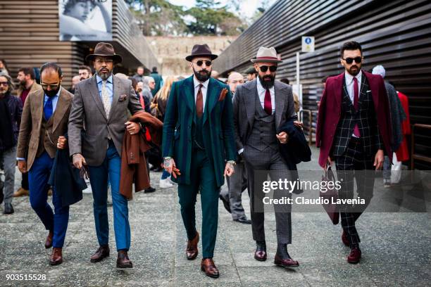 Farid, Paulo Battista, Rui Martins and guests, wearing gentleman outifit, are seen during the 93. Pitti Immagine Uomo at Fortezza Da Basso on January...