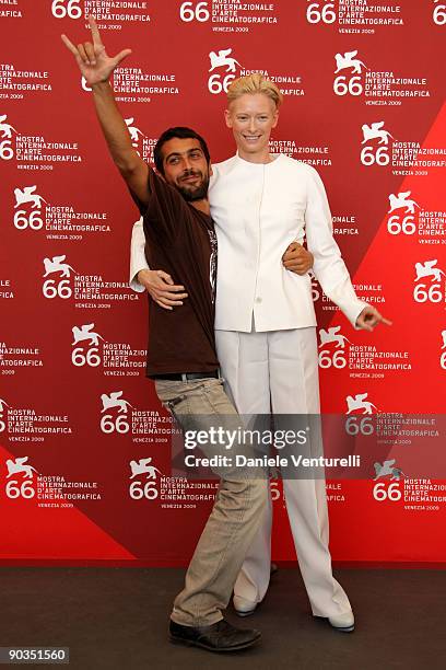 Actor Edoardo Gabbriellini and Tilda Swinton attend the 'Io Sono L'Amore' photocall at the Palazzo del Casino during the 66th Venice Film Festival on...