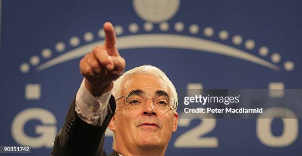 Britain's Chancellor of the Exchequer Alistair Darling gestures as he talks to reporters at the G20 Finance Ministers meeting on September 5, 2009 in...