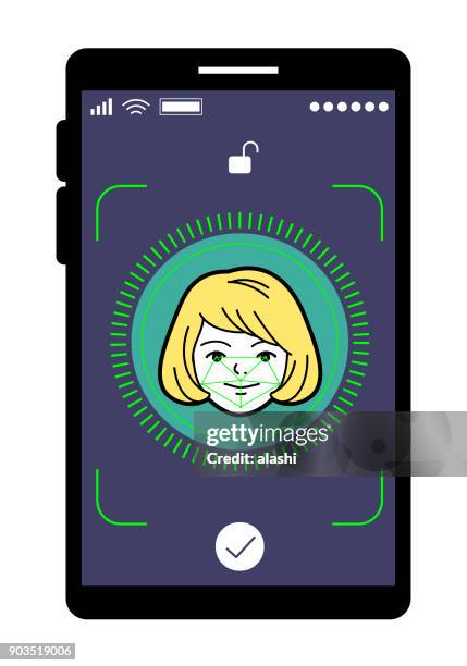顔認識技術、顔 id コンセプト、美アダルト少女顔でスマート フォン フォーカス - アイスキャナー点のイラスト素材／クリップアート素材／マンガ素材／アイコン素材