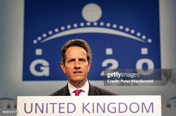 Secretary to the Treasury Timothy Geithner talks to reporters at the G20 Finance Ministers meeting on September 5, 2009 in London, England. The...