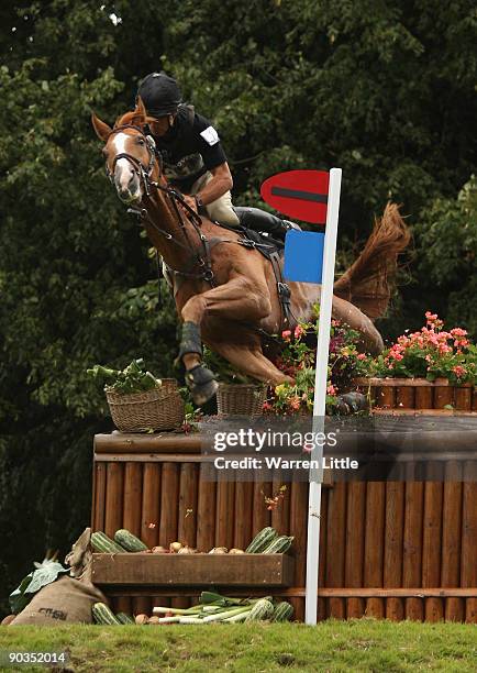 Andrew Nicholson of New Zealand takes a fall ridding Noreo during the cross country event on day three of the Land Rover Burghley Horse Trials on...
