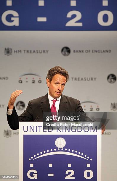 Secretary to the Treasury Timothy Geithner talks to reporters at the G20 Finance Ministers meeting on September 5, 2009 in London, England. The...