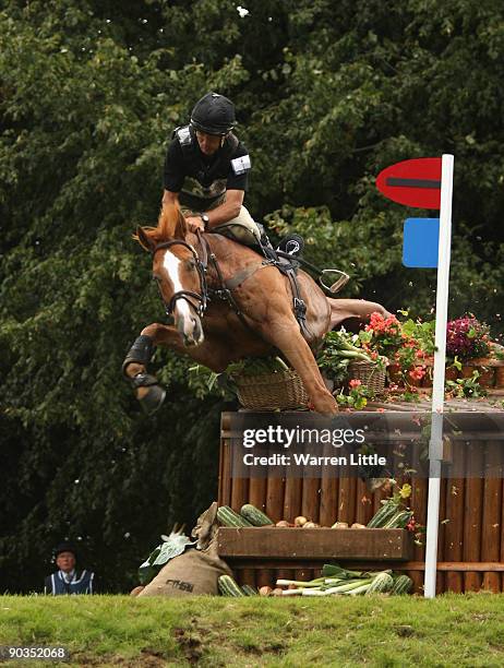 Andrew Nicholson of New Zealand takes a fall ridding Noreo during the cross country event on day three of the Land Rover Burghley Horse Trials on...