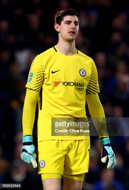 Thibaut Courtois of Chelsea looks on during the Carabao Cup Semi-Final First Leg match between Chelsea and Arsenal at Stamford Bridge on January 10,...
