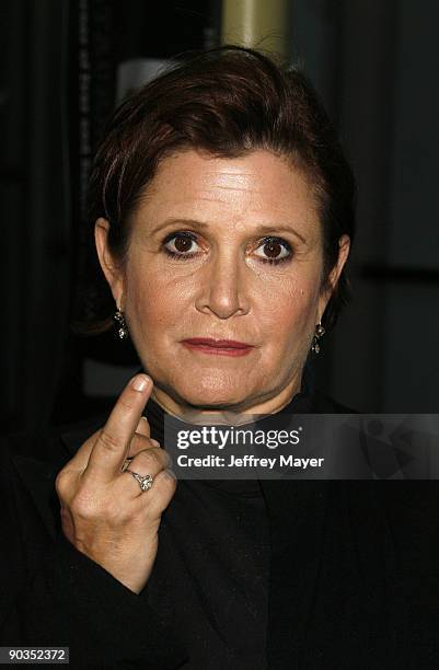 Actress Carrie Fisher arrives at the Los Angeles premiere of "Sorority Row" at the ArcLight Hollywood on September 3, 2009 in Hollywood, California.