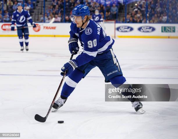 Vladislav Namestnikov of the Tampa Bay Lightning skates against the Carolina Hurricanes during the first period at Amalie Arena on January 9, 2018 in...