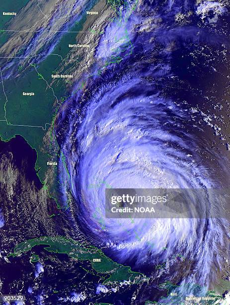 The southeastern portion of the eyewall in Hurricane Floyd passes over Abaco Island in the Bahamas, September 14, 1999. Monster Hurricane Floyd, one...