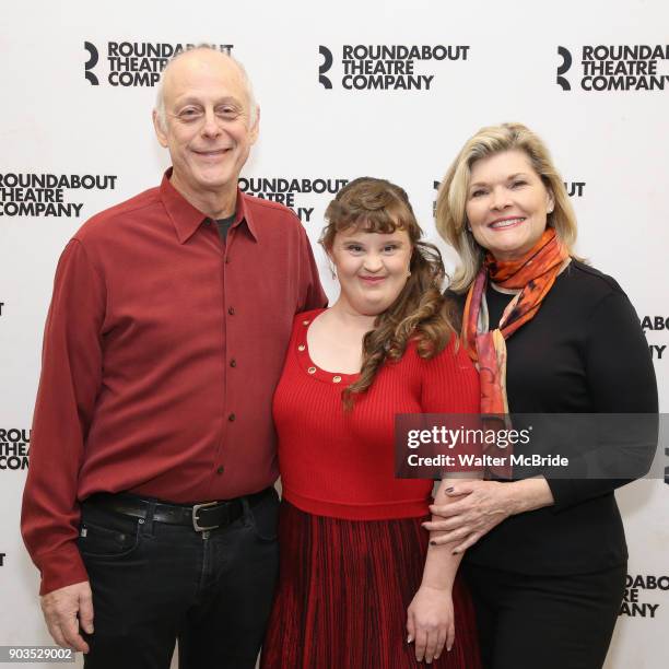 Mark Blum, Jamie Brewer and Debra Monk attend the Meet & Greet for the cast of "Amy and the Orphans" at the Roundabout Theatre rehearsal hall on...