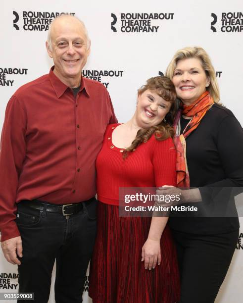 Mark Blum, Jamie Brewer and Debra Monk attend the Meet & Greet for the cast of "Amy and the Orphans" at the Roundabout Theatre rehearsal hall on...