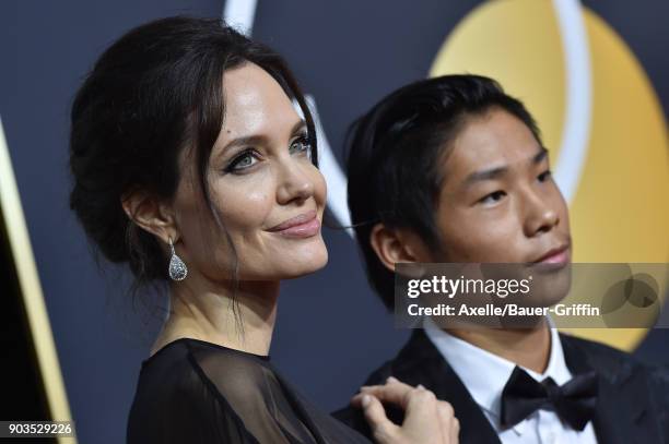 Actress Angelina Jolie and son Pax Thien Jolie-Pitt attend the 75th Annual Golden Globe Awards at The Beverly Hilton Hotel on January 7, 2018 in...