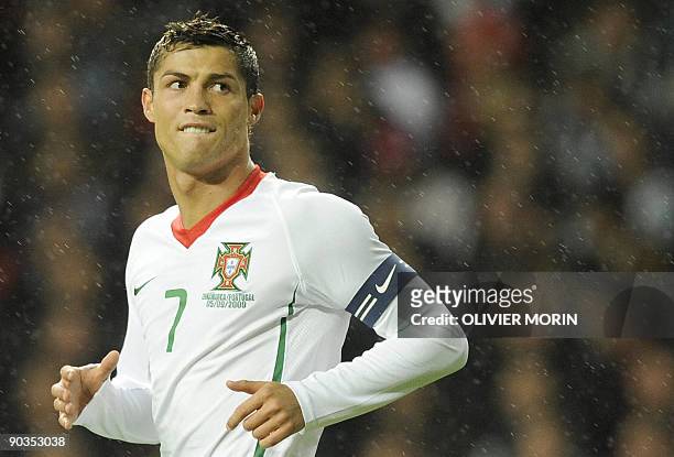 Portugal's Cristiano Ronaldo reacts during the FIFA World Cup 2010 qualifying match Denmark vs Portugal on September 5, 2009 at the Parken Stadium in...