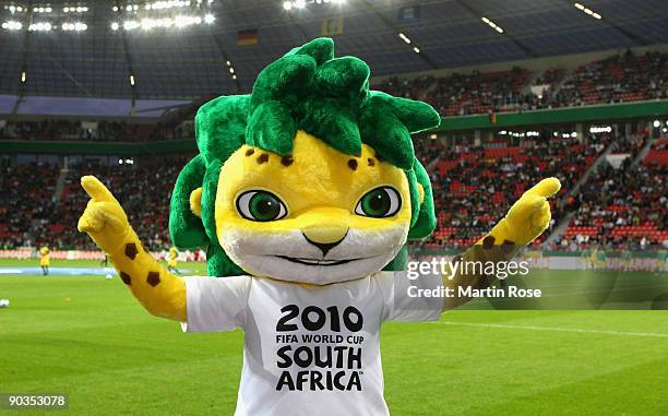 Zakumi, mascot of the FIFA World Cup 2010 poses prior to the friendly match between Germany and South Africa at BayArena on September 5, 2009 in...