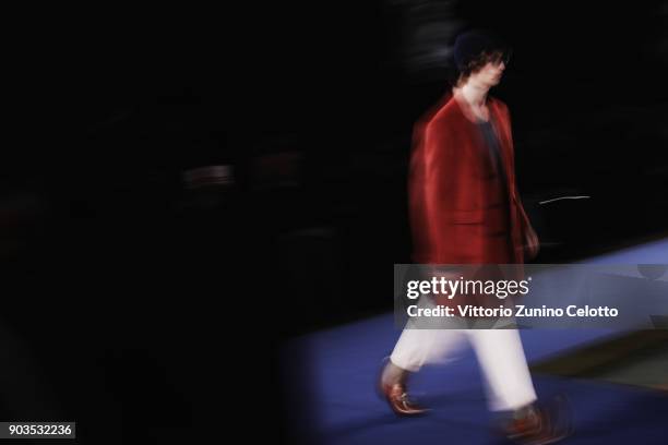 Model walks the runway at the Brooks Brothers show during the 93. Pitti Immagine Uomo at Fortezza Da Basso on January 10, 2018 in Florence, Italy.