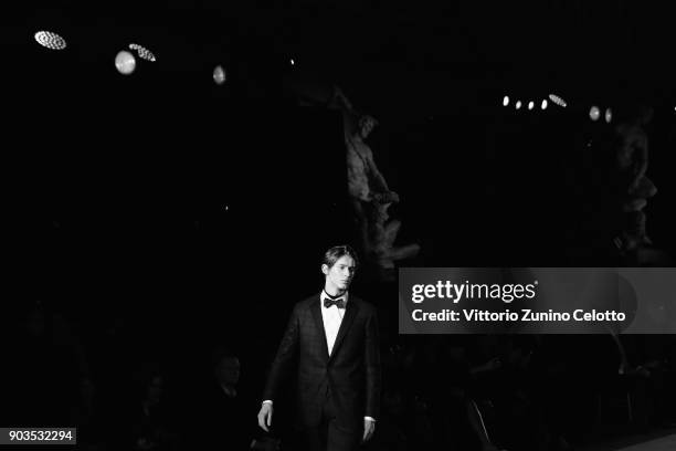 Model walks the runway at the Brooks Brothers show during the 93. Pitti Immagine Uomo at Fortezza Da Basso on January 10, 2018 in Florence, Italy.