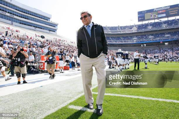 Head coach Joe Paterno of the Penn State Nittany Lions stands on the sideline during the game against the University of Akron Zips at Beaver Stadium...