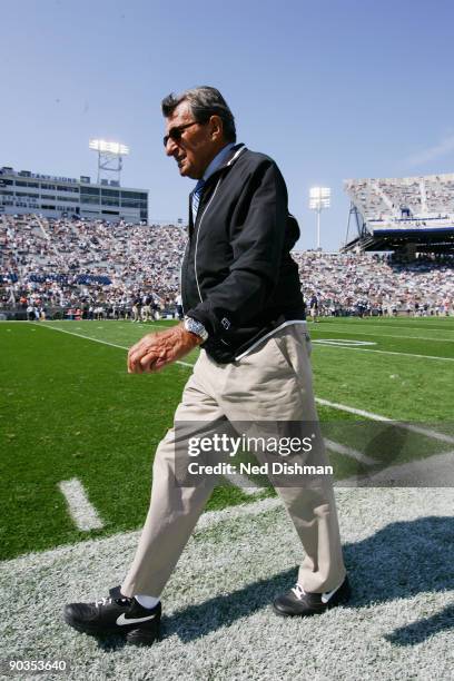 Head coach Joe Paterno of the Penn State Nittany Lions walks on the sideline during the game against the University of Akron Zips at Beaver Stadium...