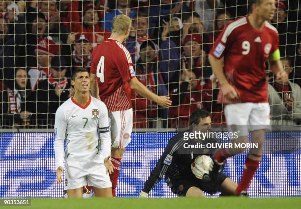 Portugal's Cristiano Ronaldo reacts during the World Cup 2010 qualifying match Denmark vs Portugal onSeptember 5, 2009 at the Parken Stadium in...