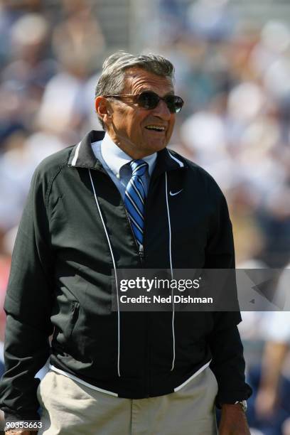 Head coach Joe Paterno of the Penn State Nittany Lions smiles during the game against the University of Akron Zips at Beaver Stadium on September 5,...