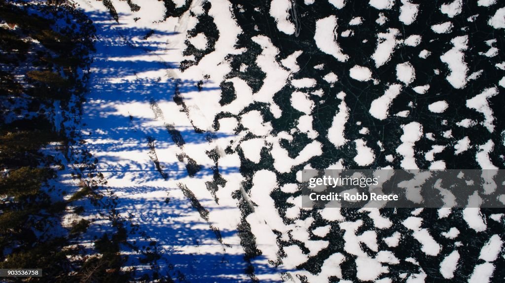 White Landscapes - Frozen lake with ice patterns and trees in winter.