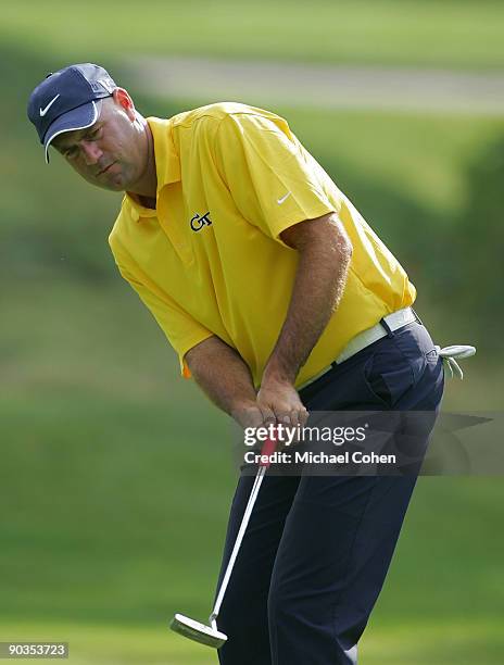 Stewart Cink of the United States wears a Georgia Tech logo during the second round of the Deutsche Bank Championship at TPC Boston held on September...