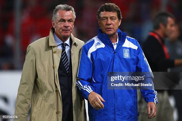 Ottmar Hitzfeld coach of Switzerland and Otto Rehhagel coach of Greece during the FIFA 2010 World Cup Qualifying Group 2 match between Switzerland...