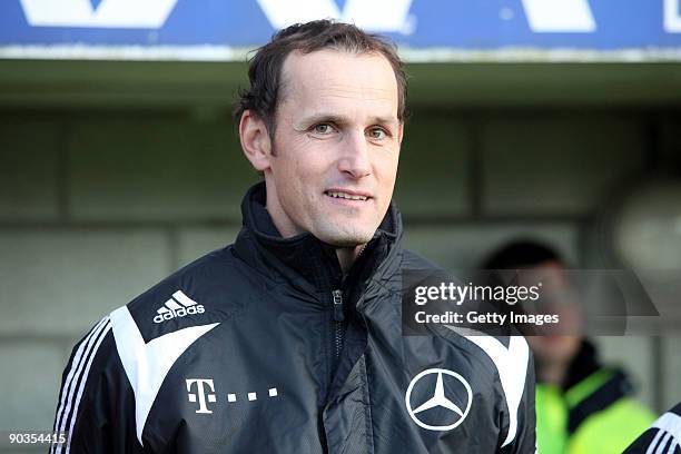 Head coach of Germany Heiko Herrlich looks on during the U19 international friendly match between Belgium and Germany at the Kehrwegstadion on...