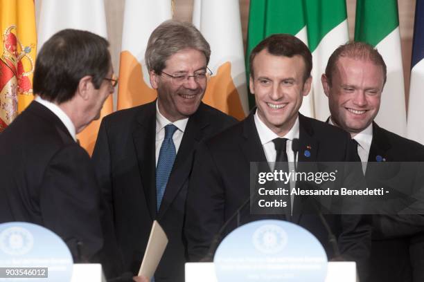 Cyprus' President Nicos Anastasiadis, France's President Emmanuel Macron, Italy's Prime Minister Paolo Gentiloni and Malta's Prime Minister Joseph...