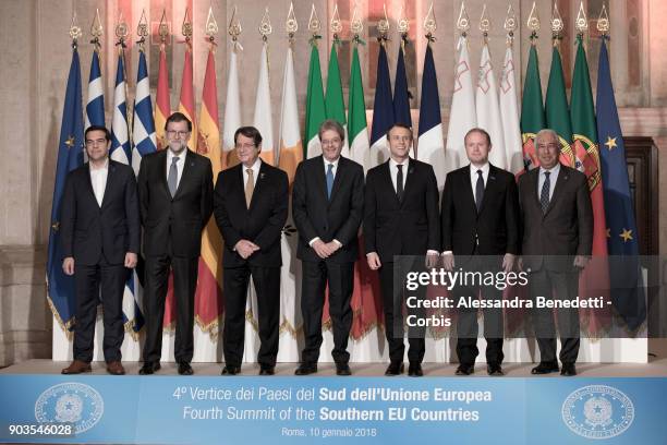 Greece's Prime Minister Alexis Tsipras, Spain's Prime Minister Mariano Rajoy, Cyprus' President Nicos Anastasiadis, Italy's Prime Minister Paolo...